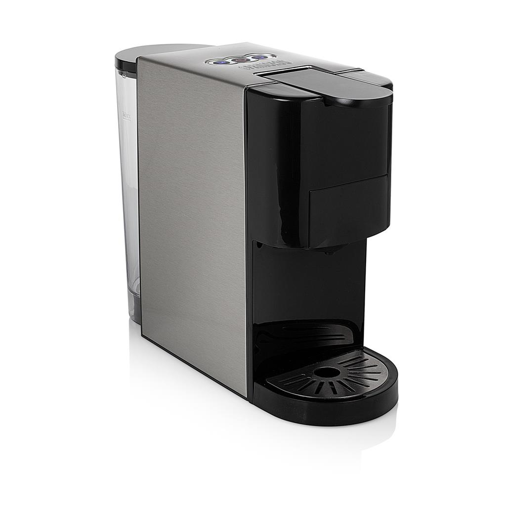Een zilver-zwarte koffiemachine met een waterreservoir op een witte achtergrond.