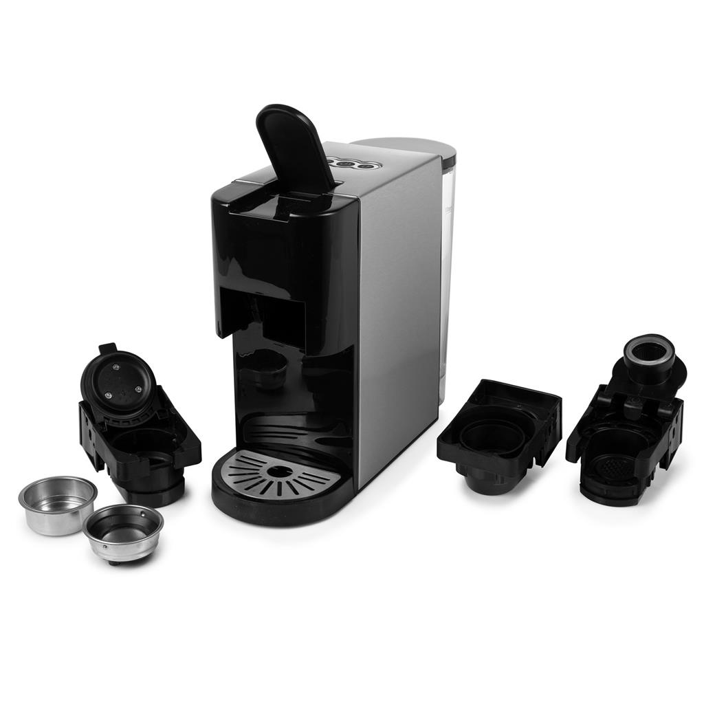 Koffiemachine met zwart en zilver design, met afneembare onderdelen.