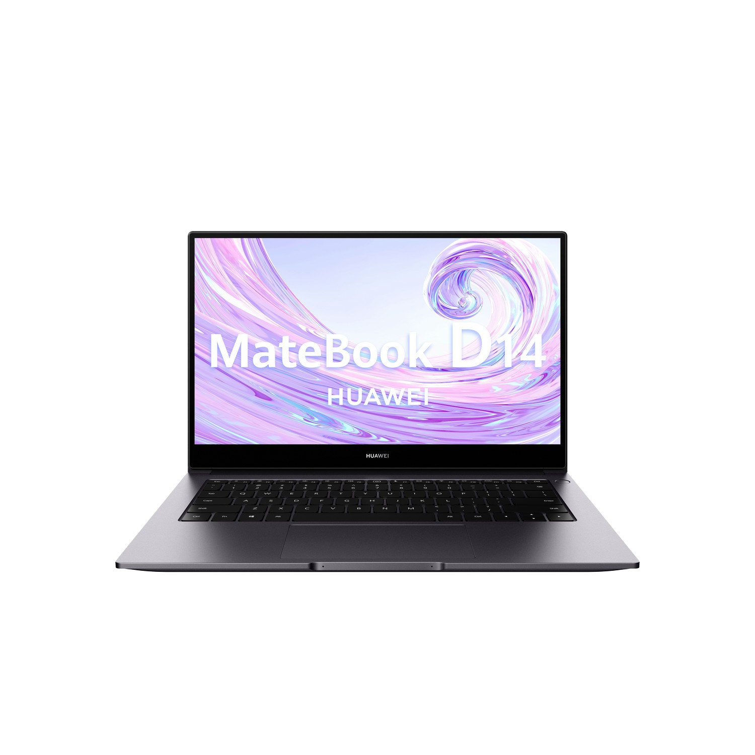 Laptop Huawei MateBook D14 sobre fondo negro. Pantalla muestra gráfico de remolino.