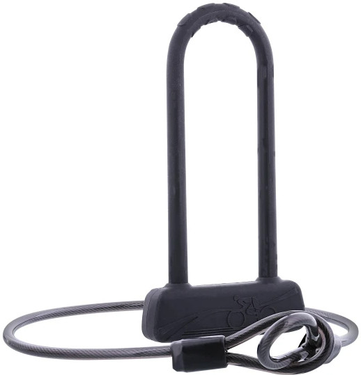 Black U-lock bicycle lock with a cable attached.  The lock is on a white background.