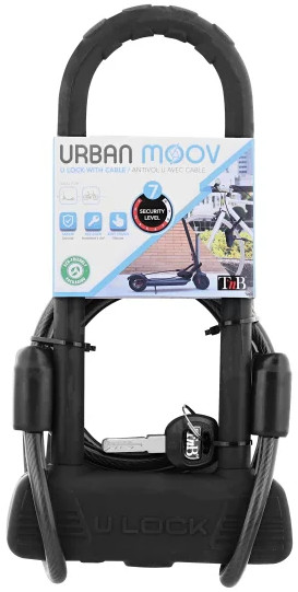 Black U-lock with cable, key, and security level information. Includes a scooter image.