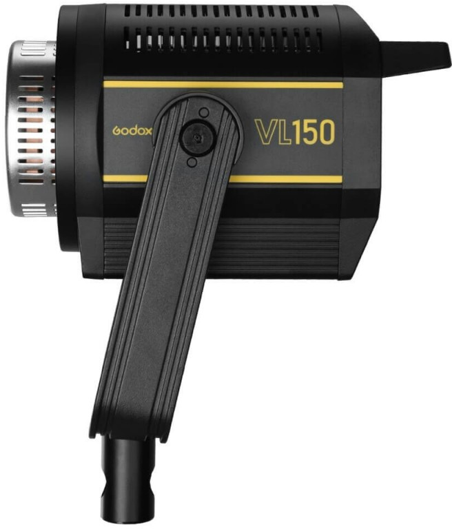 Ein schwarz-goldenes Godox VL150 LED-Videolicht. Es hat einen Griff und eine Metallabdeckung.