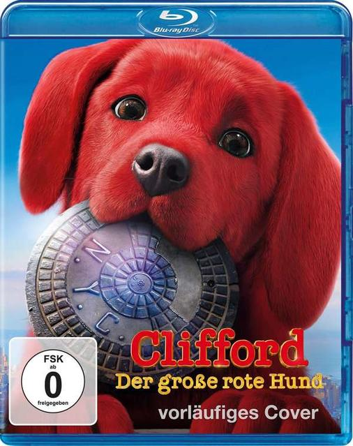 Clifford, der große rote Hund auf einer Blu-ray-Hülle, hält einen Kanaldeckel.