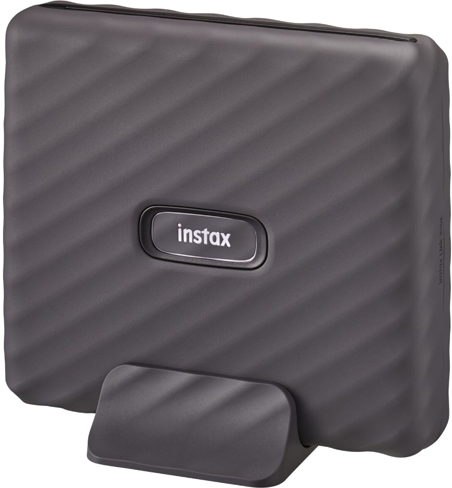 Sötétszürke Instax Link Wide nyomtató állvánnyal, ferde nézet.