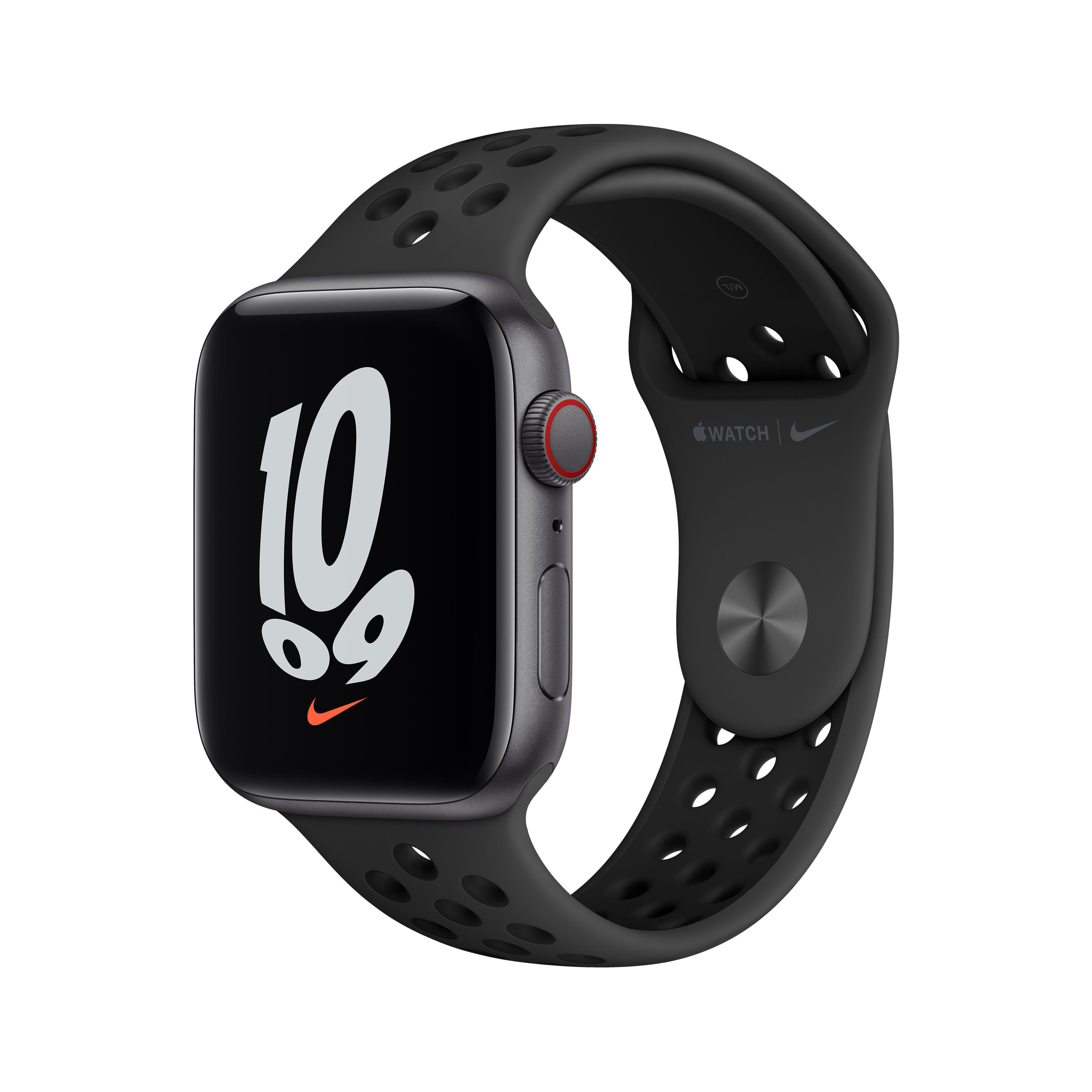 APPLE Watch SE Nike (GPS + Cellular) 44mm Smartwatch Fluorelastomer, 140 - 220 mm, Armband: Anthrazit/Schwarz, Gehäuse: Space Grau