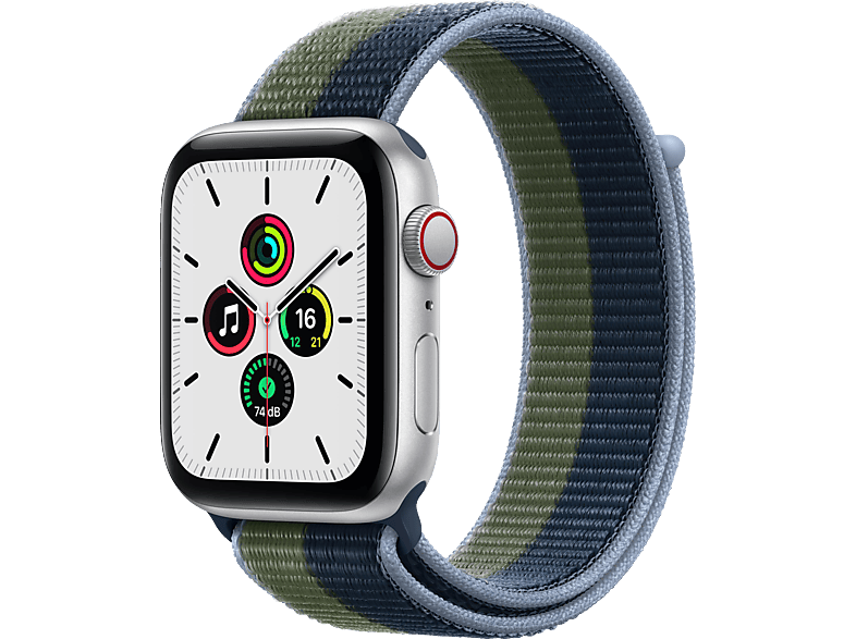 APPLE Watch SE (GPS + Cellular) 44mm Smartwatch Aluminium Nylon, 140 - 220 mm, Armband: Abyssblau/Moosgrün, Gehäuse: Silber