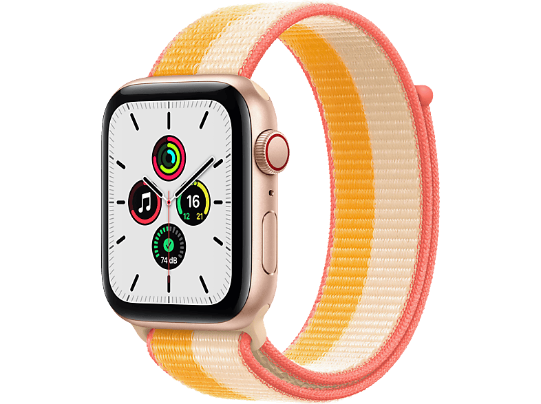 APPLE Watch Nylon, Smartwatch + Gehäuse: (GPS - Gold Armband: Indischgelb/Weiß, SE 140 mm, 220 44mm Cellular) Aluminium