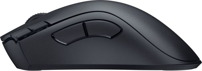 Schwarze Gaming-Maus mit Tasten an der Seite. Seitenansicht.
