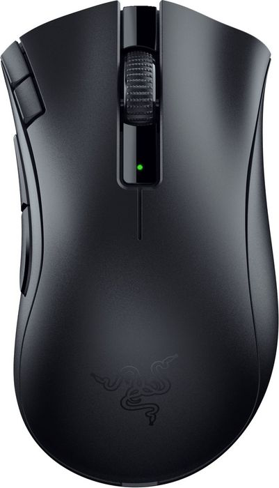 Eine schwarze Razer Gaming-Maus mit Scrollrad und Seitentasten.
