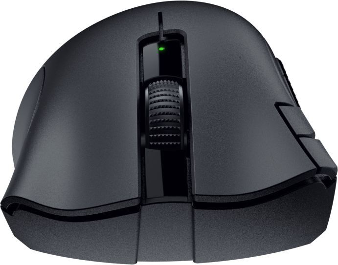 Eine schwarze Razer Gaming-Maus mit Scrollrad und Seitentasten.
