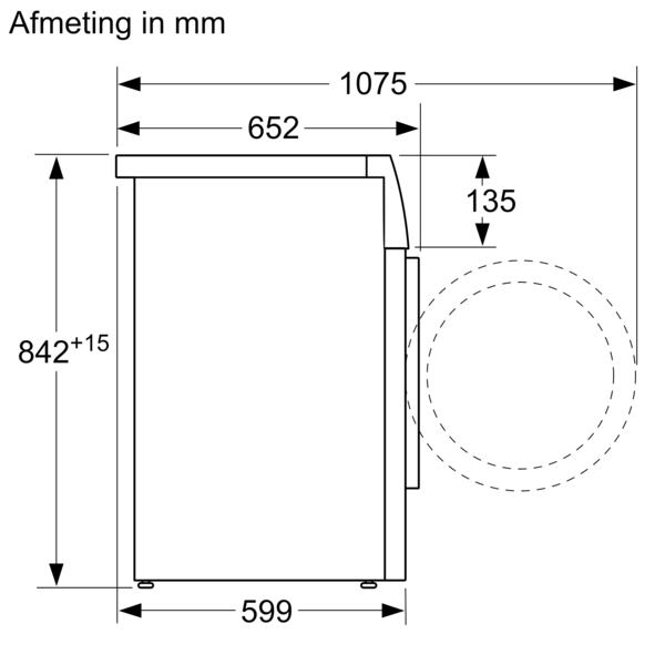 Diagram of a side view of a washing machine with dimensions, on a white background.