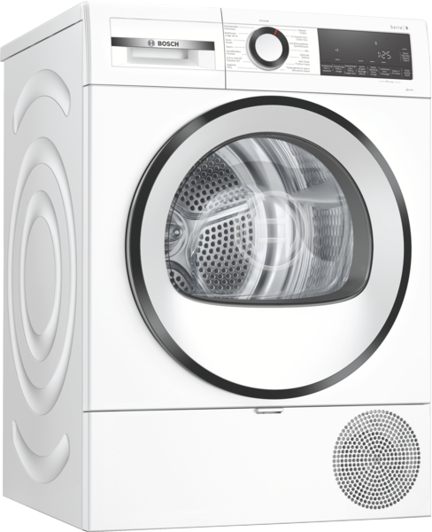 White Bosch dryer. The door is silver and the buttons are black. The background is white.
