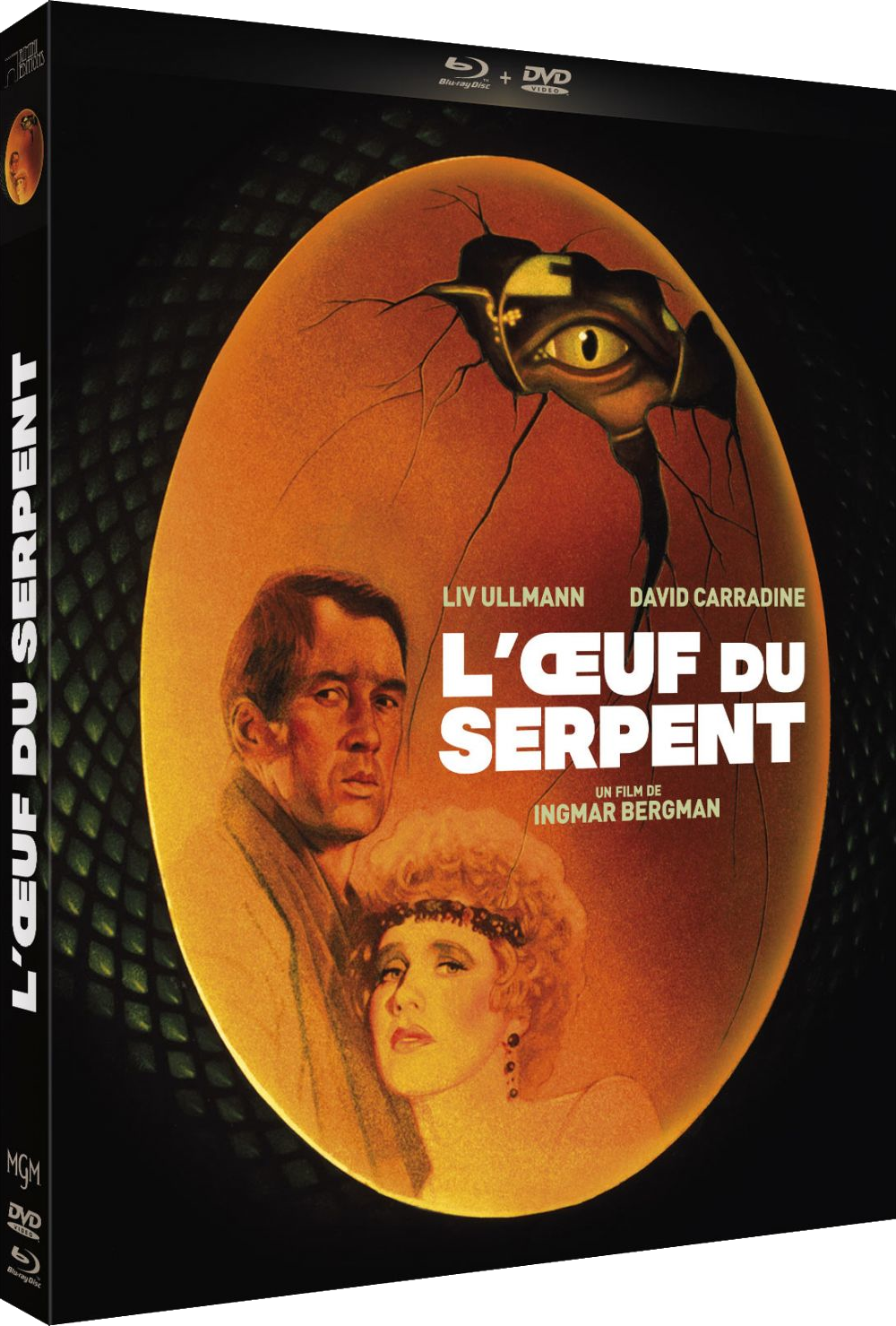 DVD-hoes voor "L'oeuf du Serpent", met een man en een vrouw en een eivormige afbeelding.