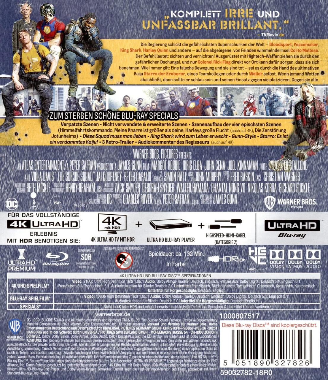 Filmcover: The Suicide Squad. Mit einer Gruppe von Charakteren in Actionposen. Texte, Logos und Schauspielernamen sind sichtbar.