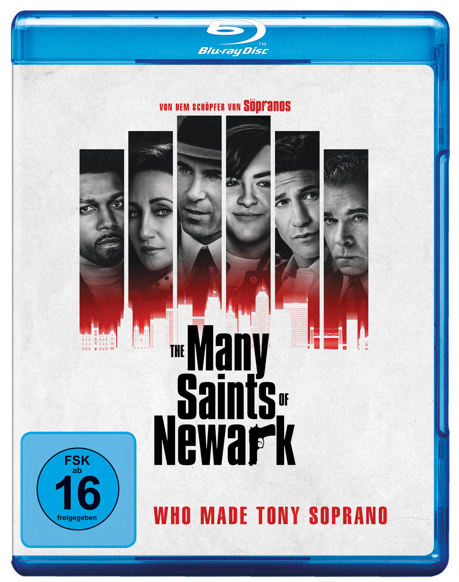 Blu-ray-Cover: Gruppe von Gesichtern, roter Skyline. Der Titel The Many Saints of Newark.