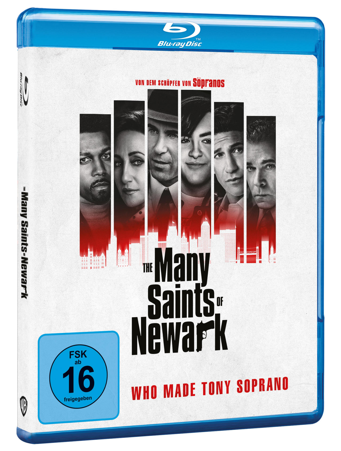 Blu-ray Disc Hülle für 'The Many Saints of Newark'. Zeigt Gesichter von Schauspielern und den Filmtitel. Blaue Hülle.