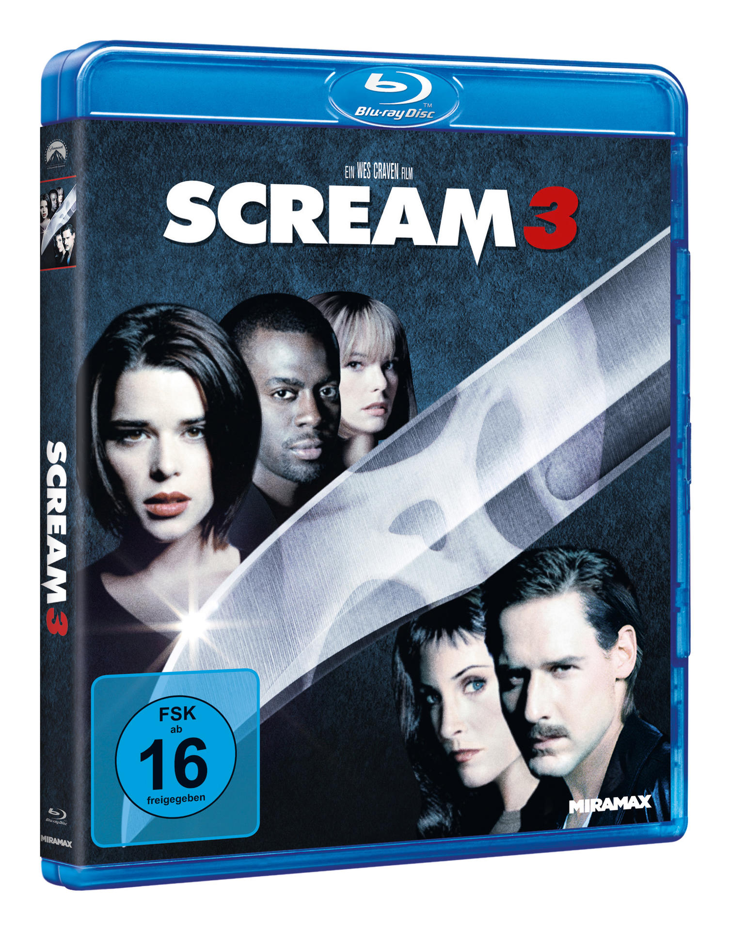 Scream 3 DVD-Cover mit Schauspielern und Text auf blauem Hintergrund.