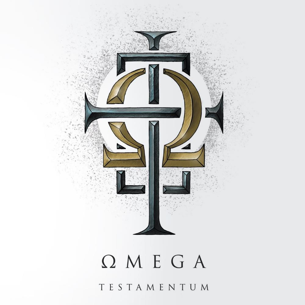 Arany kereszt mintás logó fehér háttéren, alatta az 'OMEGA' és a 'TESTAMENTUM' szavak.
