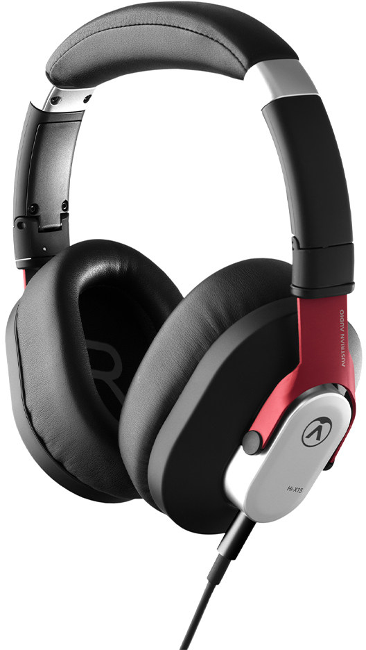Over-Ear-Kopfhörer mit schwarzen Ohrmuscheln und roten Akzenten.