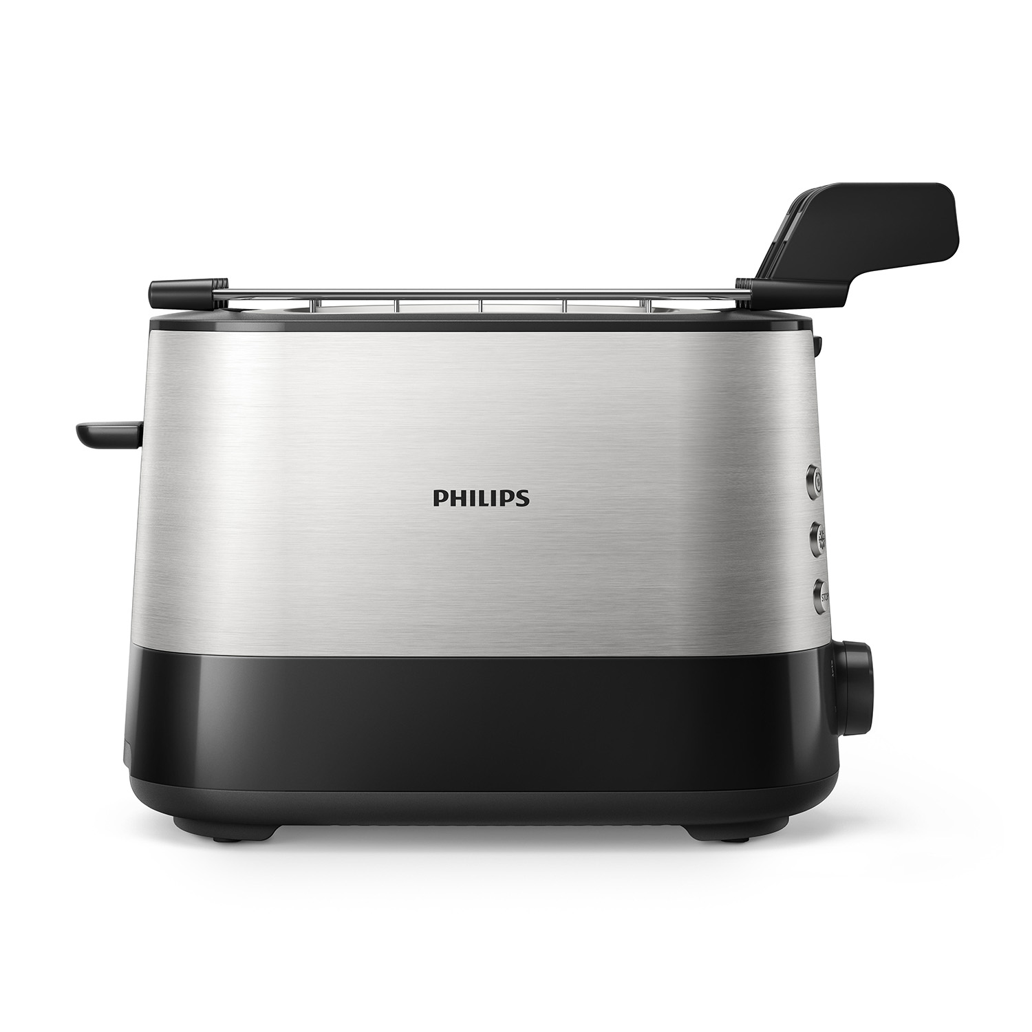 Tostapane Philips argento e nero. Maniglia nera sollevata. Logo Philips centrato.
