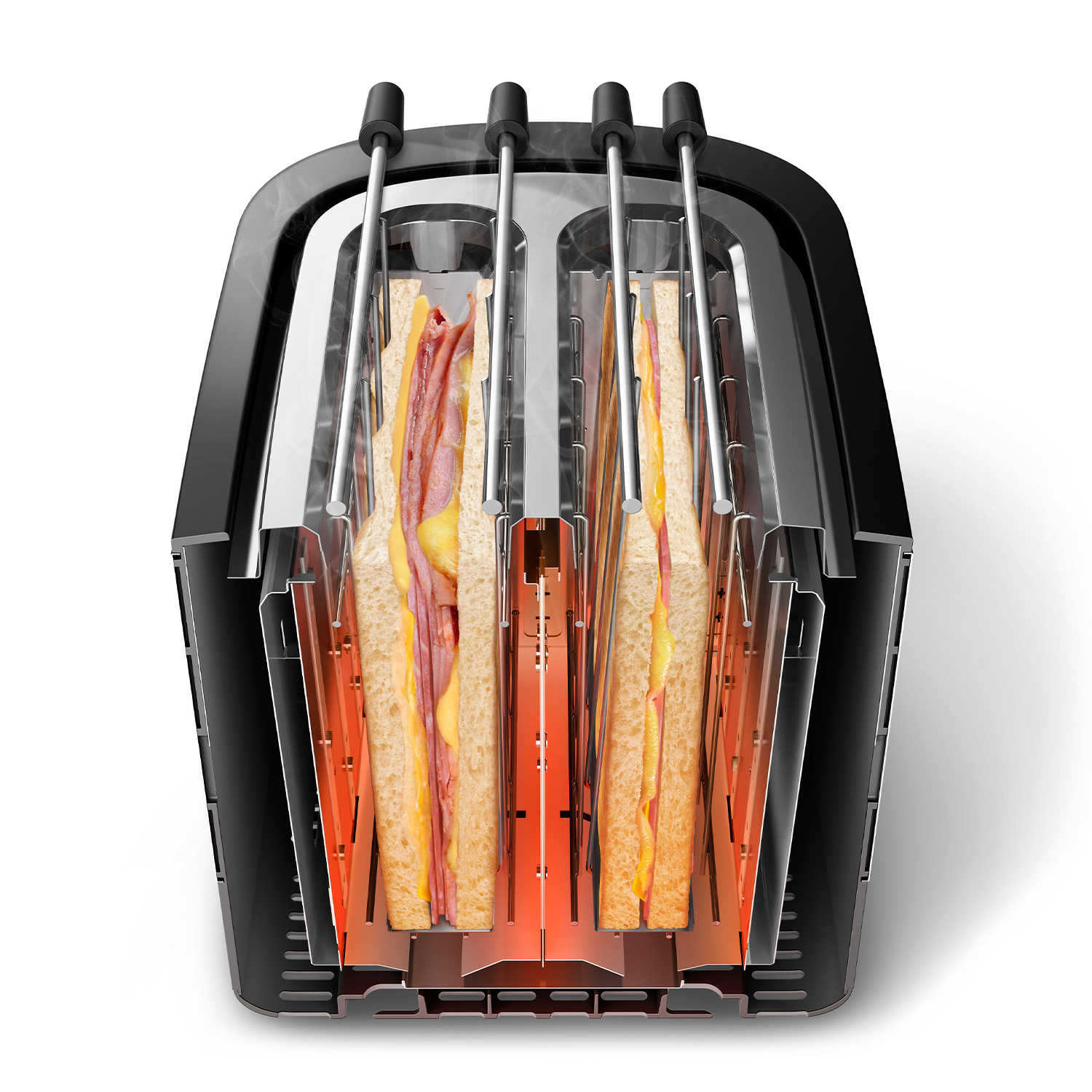 Un tostapane con due panini, con formaggio e prosciutto, si sta riscaldando.