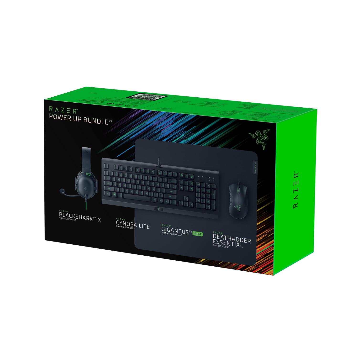 Una caja Razer Power Up Bundle, verde y negra, con auriculares, teclado, ratón y alfombrilla.