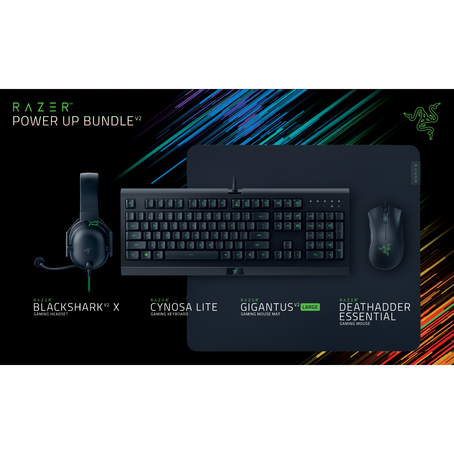 Paquete Razer Power Up V2: auriculares, teclado, ratón y alfombrilla. Todo negro. Accesorios de juego.