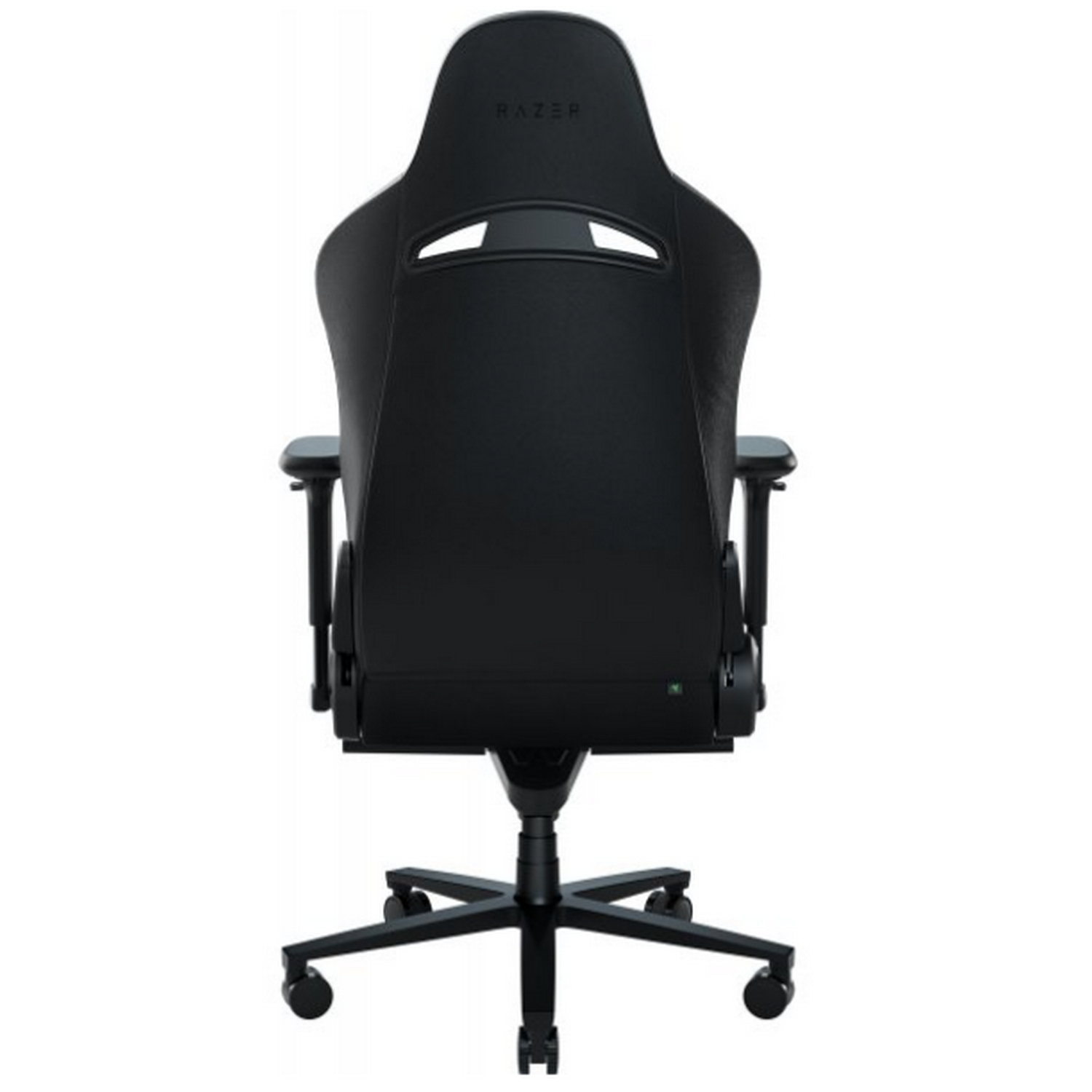Silla gamer negra desde atrás con el logo de Razer, ruedas y reposabrazos negros.
