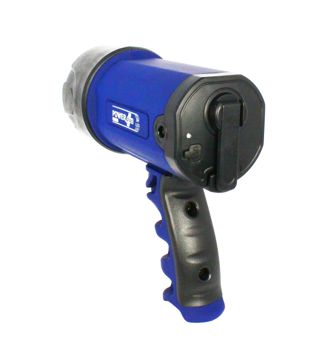 Ein blau-schwarzer Scheinwerfer auf weißem Hintergrund. Er hat einen Griff und einen Knopf.