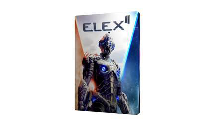 ELEX II Videospiel-Box-Art mit einer futuristischen Figur vor farbenfrohem Hintergrund.