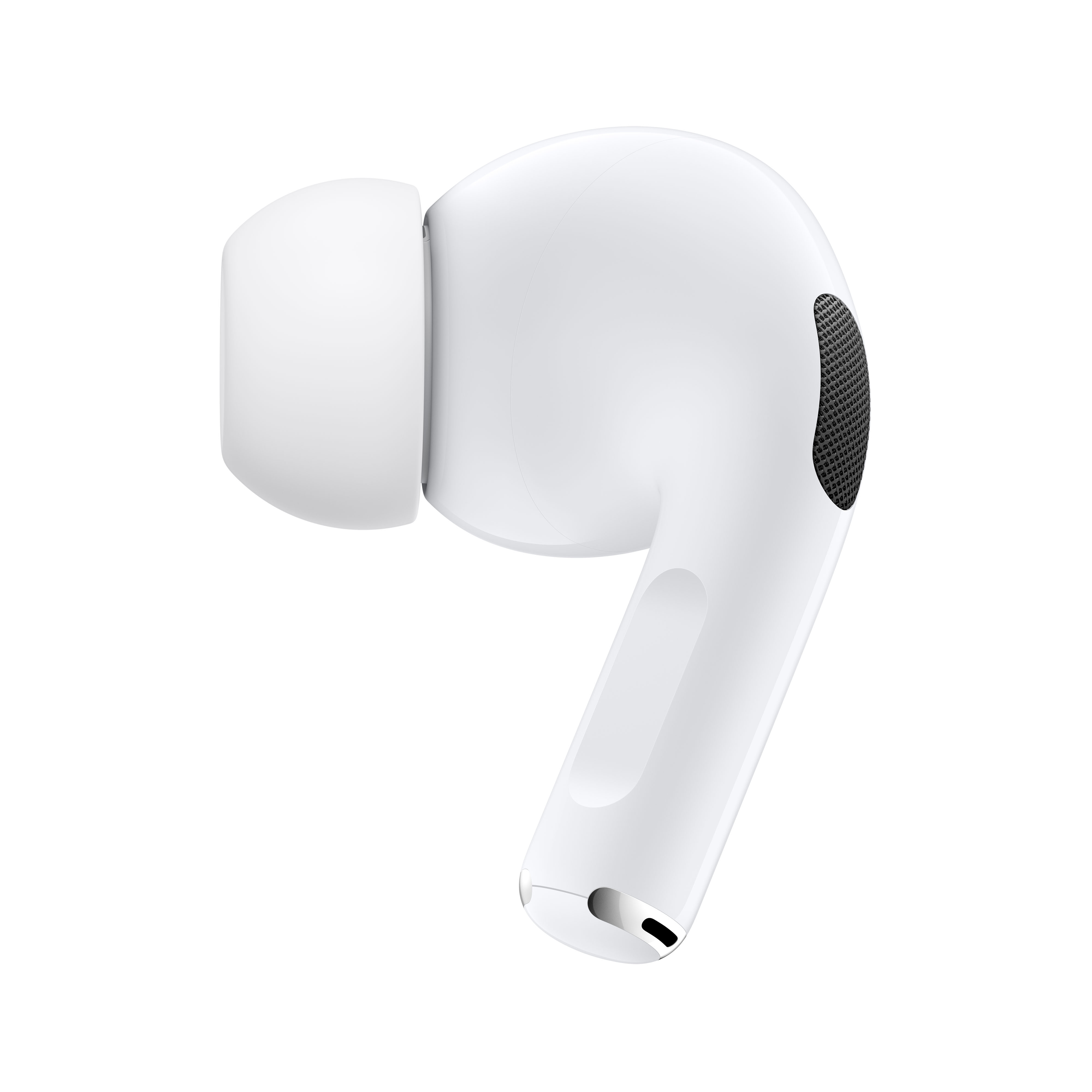 Beyaz arka planda izole edilmiş beyaz bir Apple AirPod Pro'nun yakın çekimi.