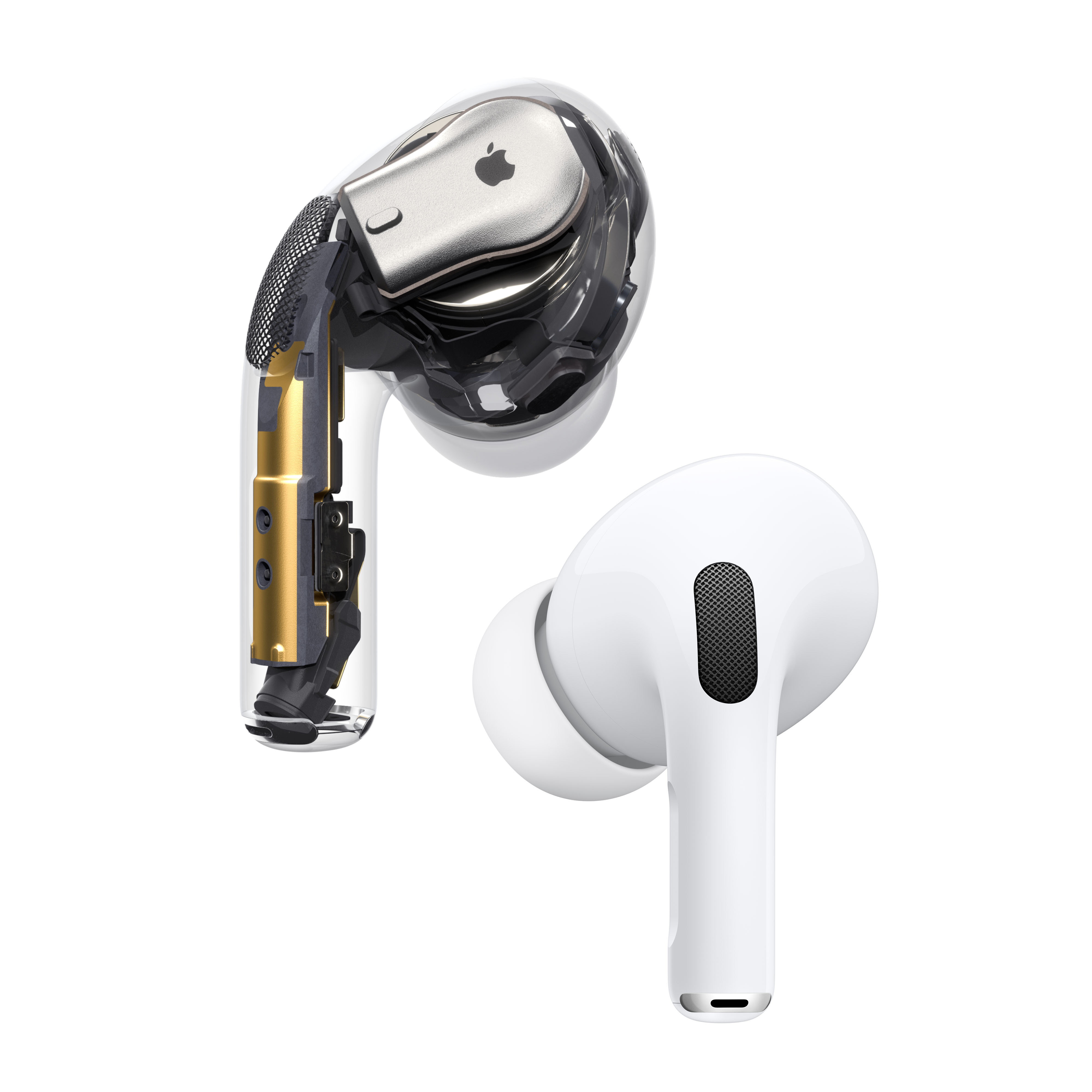 Beyaz Apple AirPods Pro. Bir kulaklık iç bileşenlerini gösterir. Beyaz arka plan.