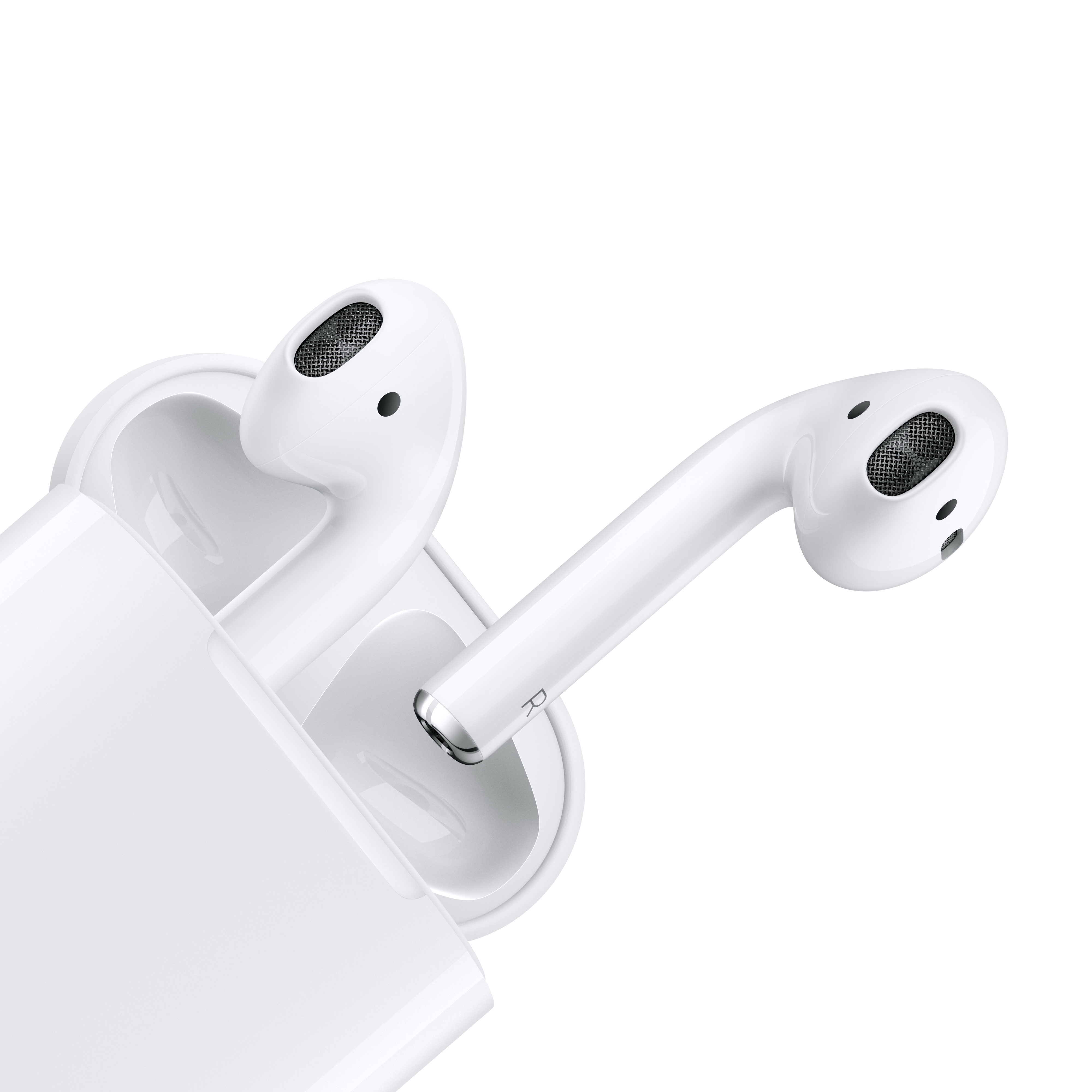 Şarj kutusunda beyaz AirPods. Biri dışarıda.