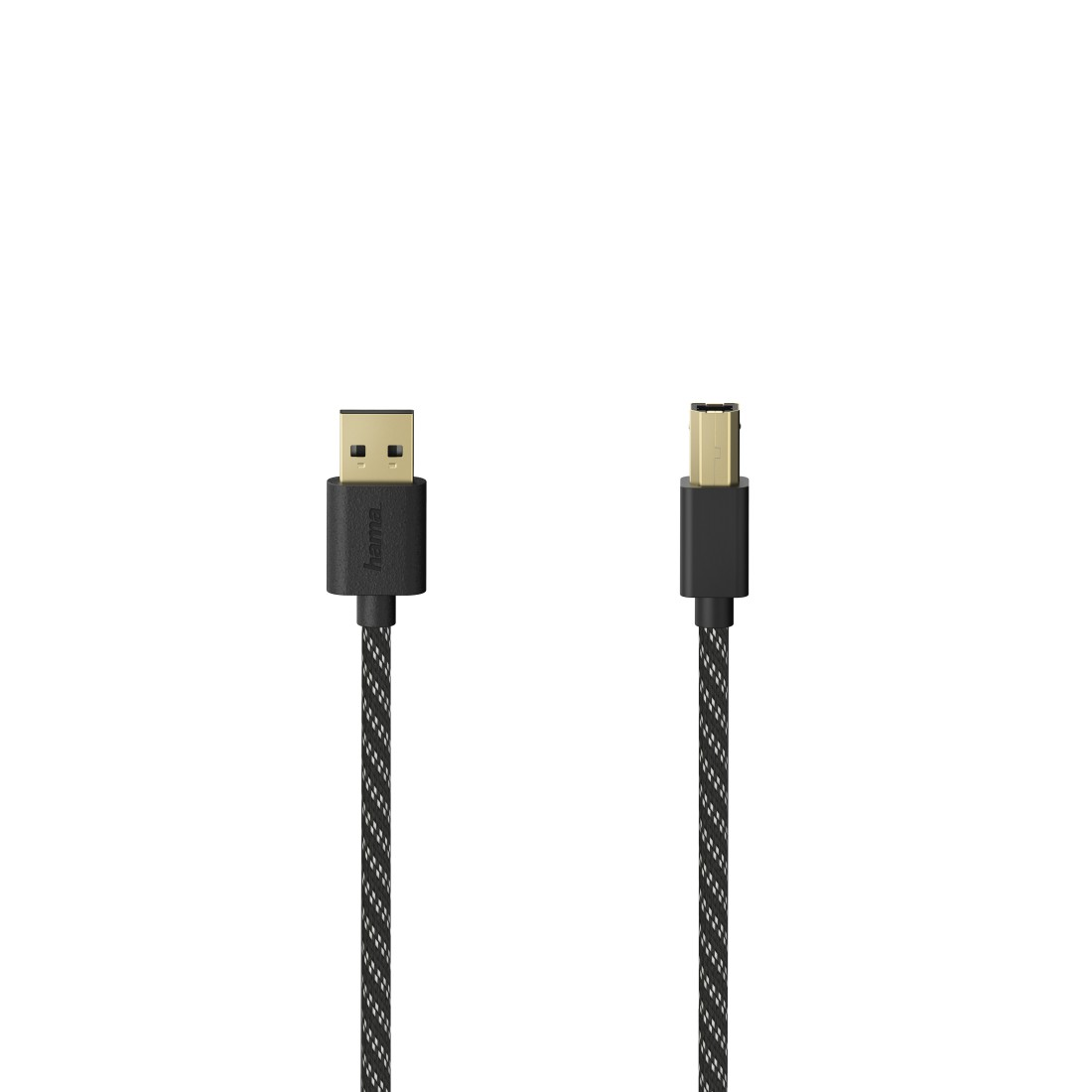 Schwarzes USB-C-Kabel mit schwarzem USB-Anschluss auf weißem Hintergrund.
