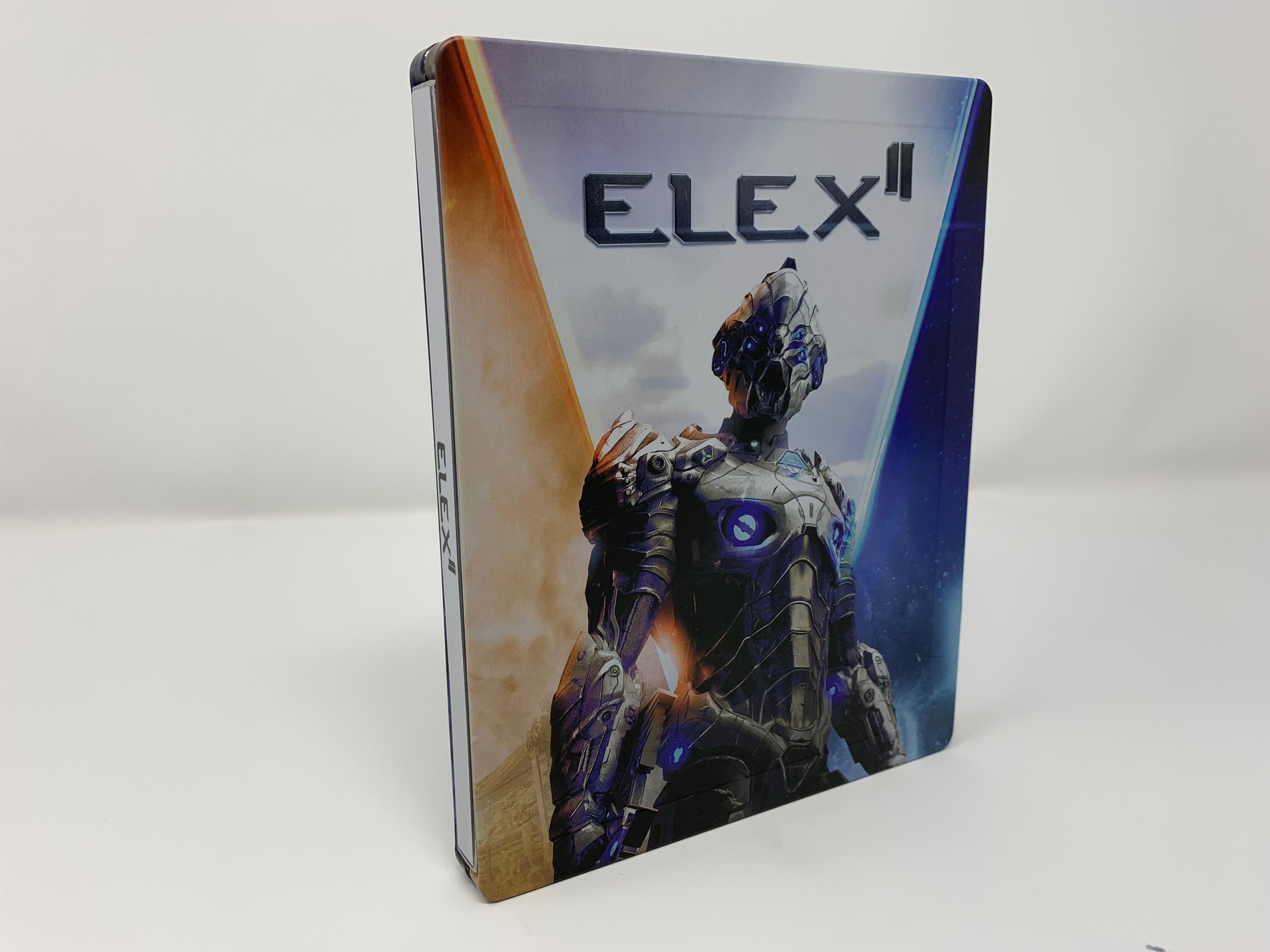 ELEX II Videospielhülle auf weißer Oberfläche. Das Cover zeigt einen futuristischen Krieger.