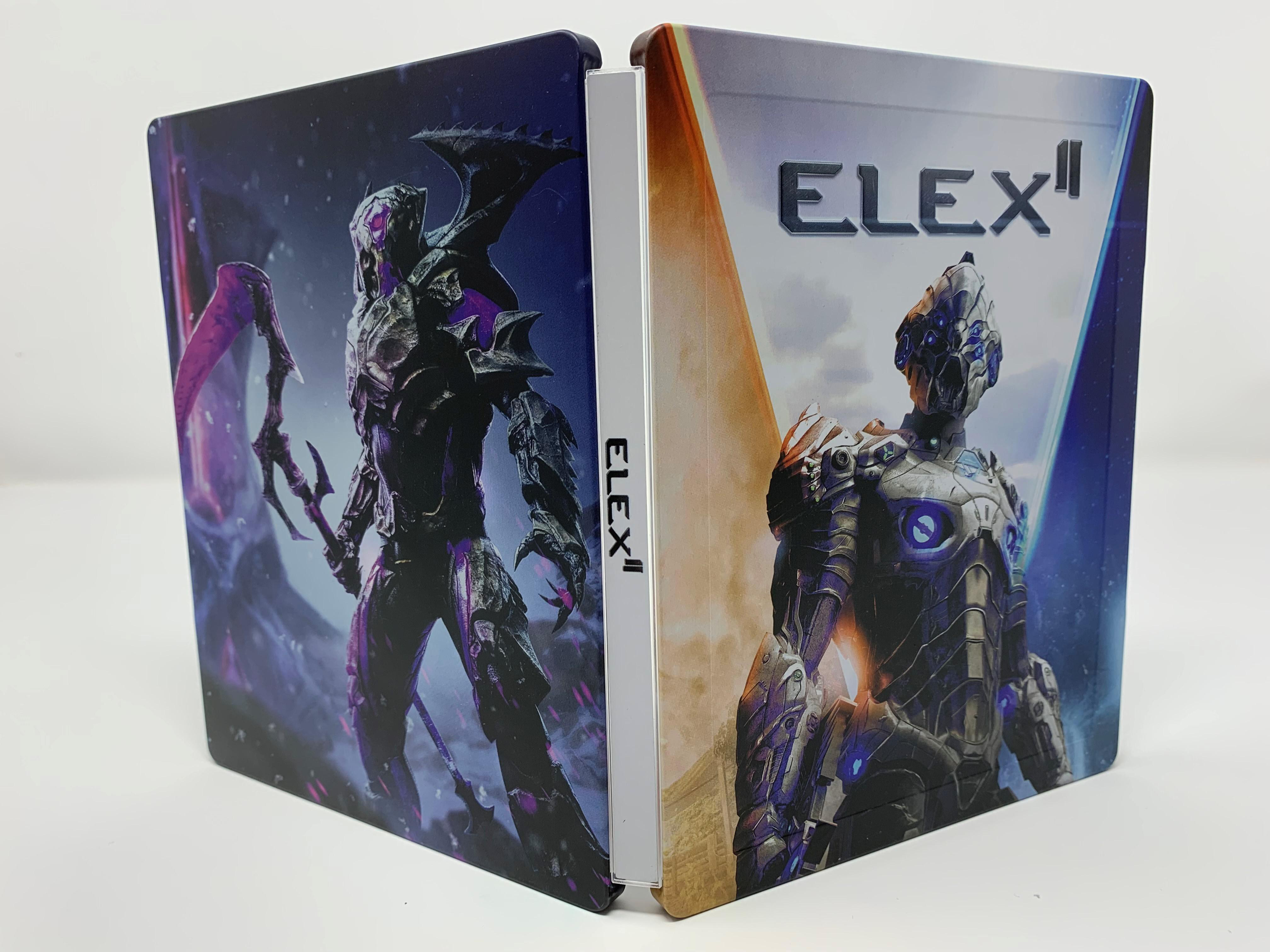 ELEX II-Spielbox mit zwei Charakteren. Einer mit lila Rüstung und einer mit silberner Rüstung.