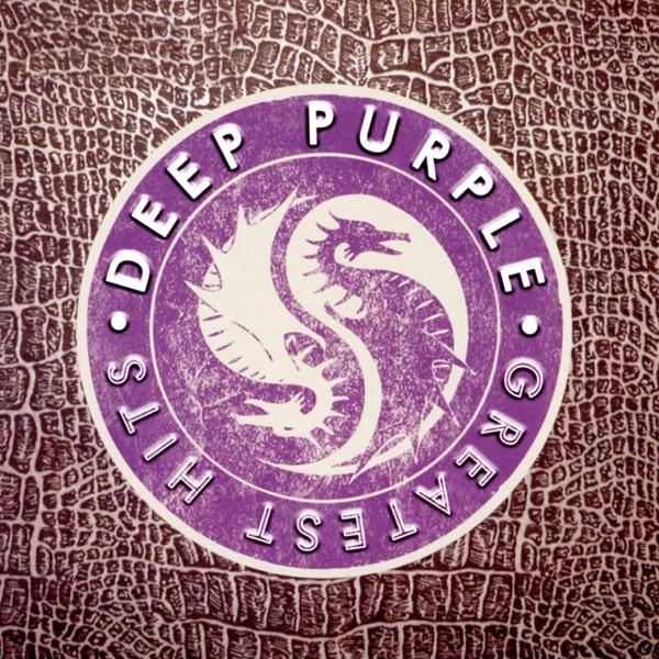 Deep Purple Greatest Hits Albumcover. Lila Logo mit Drachendesign auf strukturiertem Hintergrund.