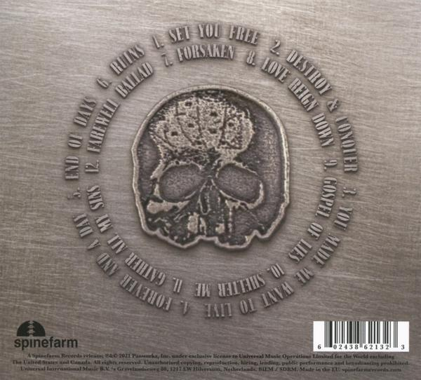 CD hátulja dalfelsorolással, koponya dizájnnal és ezüst háttérrel.