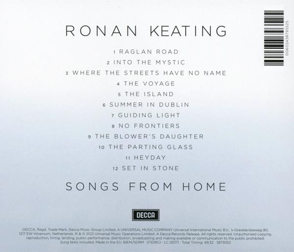 Die Rückseite einer Ronan Keating CD, die die Songs und den Albumtitel auflistet: Songs from Home.