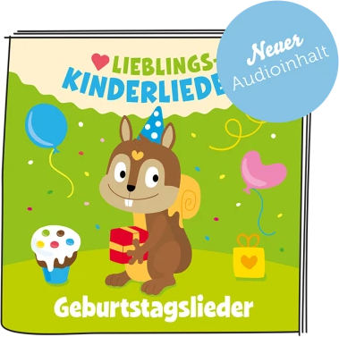 Cartoon-Bild eines Eichhörnchens, das ein Geschenk hält, umgeben von Luftballons und einem Cupcake, mit deutschem Text.