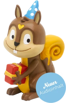 Eichhörnchen-Figur mit Geschenk und Partyhut. Blauer Kreis sagt: 'Neuer Audioinhalt'.