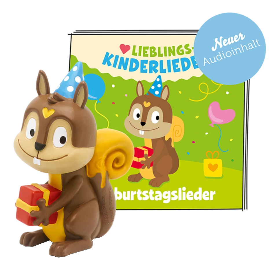 Ein Eichhörnchen hält ein Geschenk vor einem Kinderbuch.