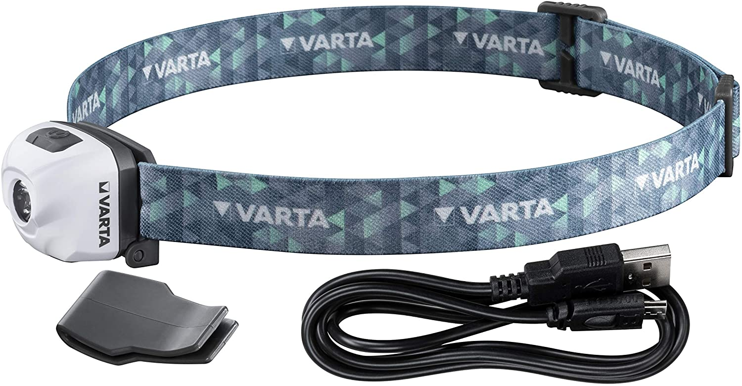 Fehér fejlámpa kék-szürke mintás pánttal és USB-kábellel. Egy szürke klip is látható.
