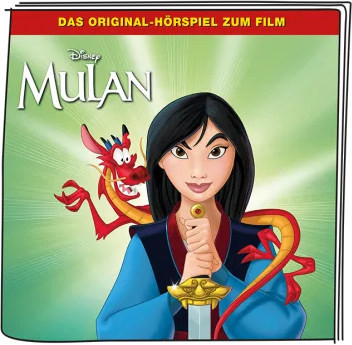 Mulan Filmcover. Zeigt Mulan mit einem Schwert und einem Drachen auf rotem und grünem Hintergrund.
