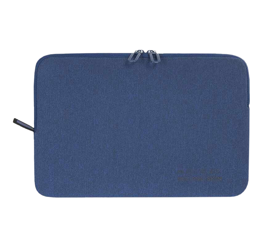 Blaue Laptoptasche. Sie ist rechteckig und hat einen Reißverschluss.