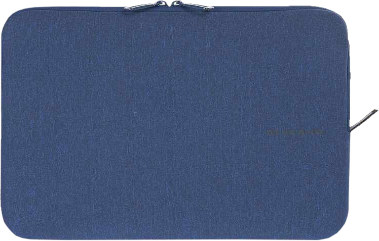 Eine blaue Laptoptasche mit Reißverschluss und schwarzem Zugband.