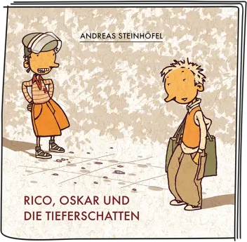 Illustration: Zwei Zeichentrickkinder in einem Park. Einer schaut den anderen an, Text unten.