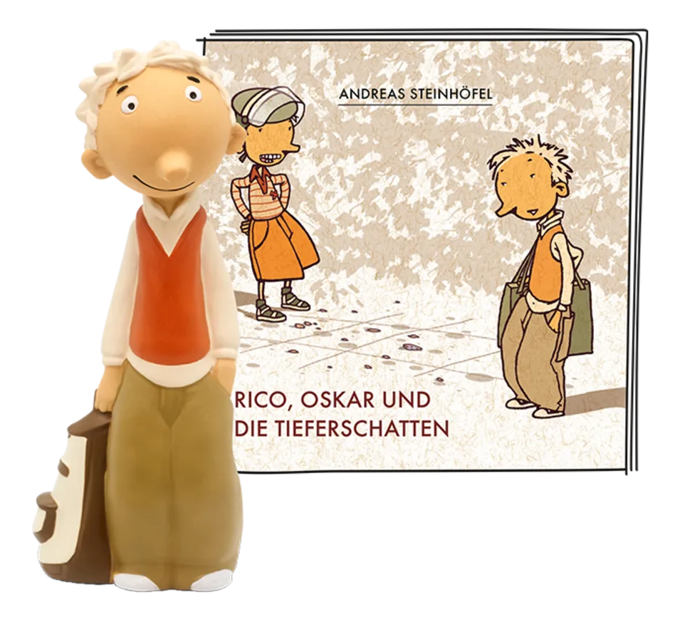 Eine Figur eines Jungen mit einem Buch. Daneben ein Buchcover mit zwei illustrierten Kindern.