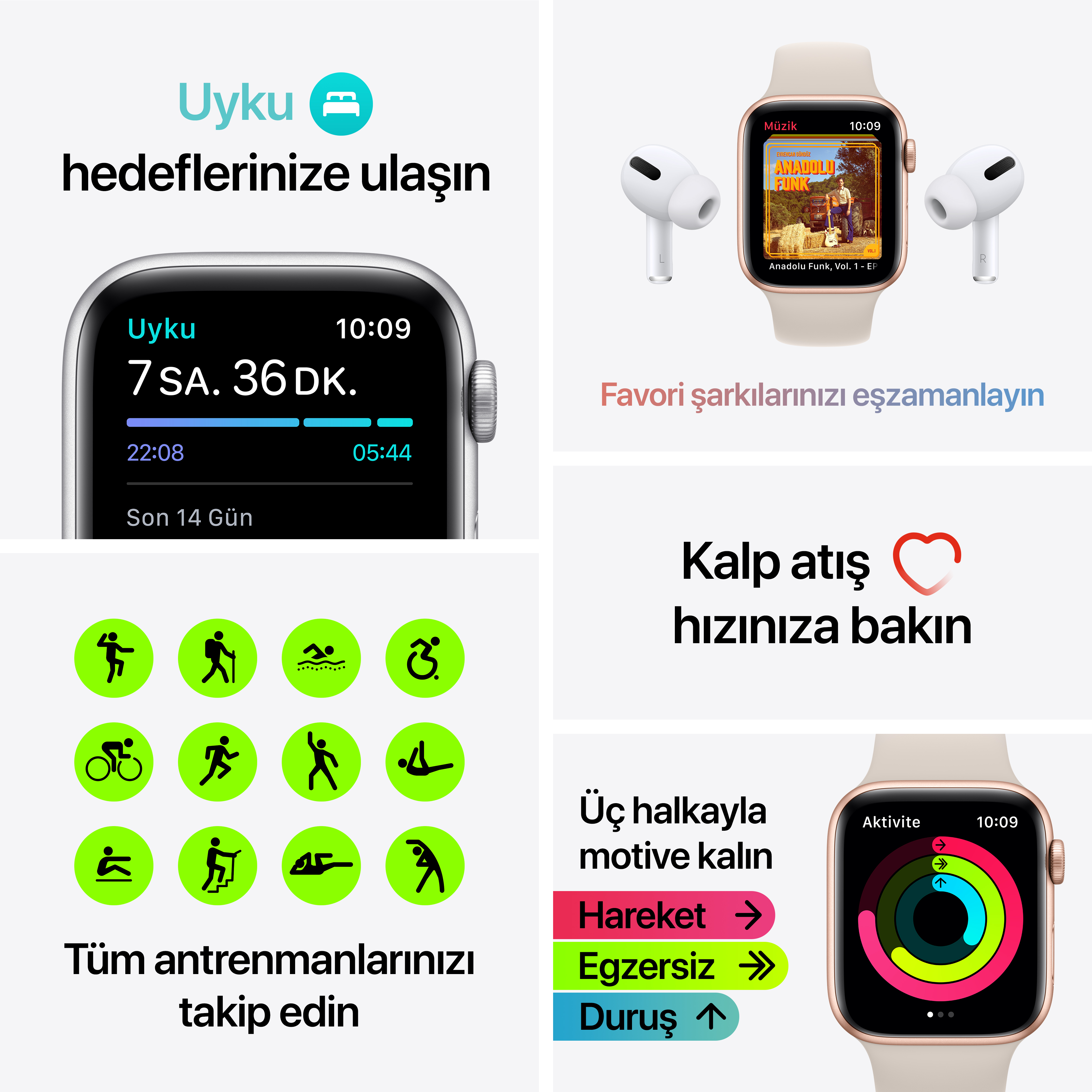 APPLE Watch Series SE 1.Nesil GPS, 40mm Gümüş Rengi Alüminyum Kasa ve Spor Kordon