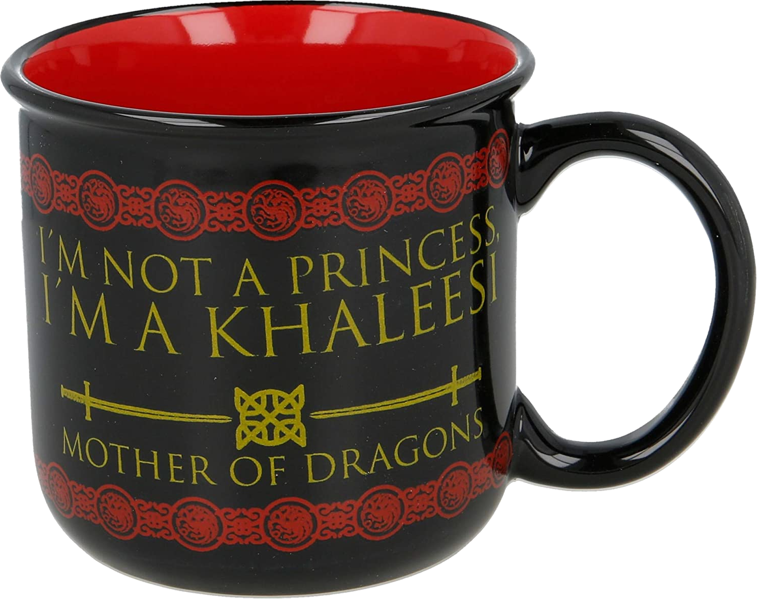 Fekete bögre piros belsővel, szöveggel: 'I'm not a princess, I'm a Khaleesi Mother of Dragons'.